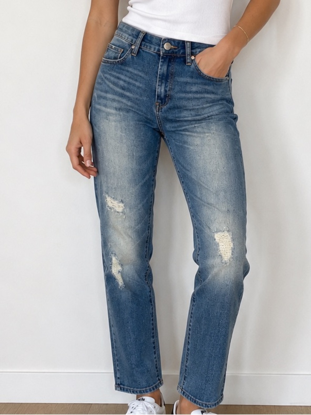Blank NYC Distressed Straight Leg Jeans in Faded Blue